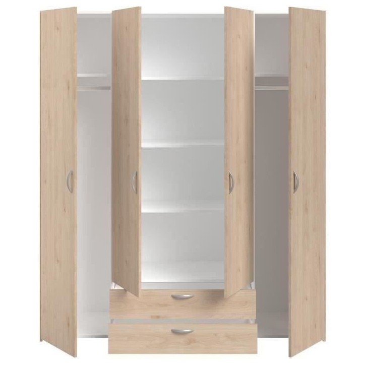 Armoire chambre VARIA - Décor chene - 4 portes battantes + 2 tiroirs - L 159,9 cm x P 51,3 cm x H 185 cm