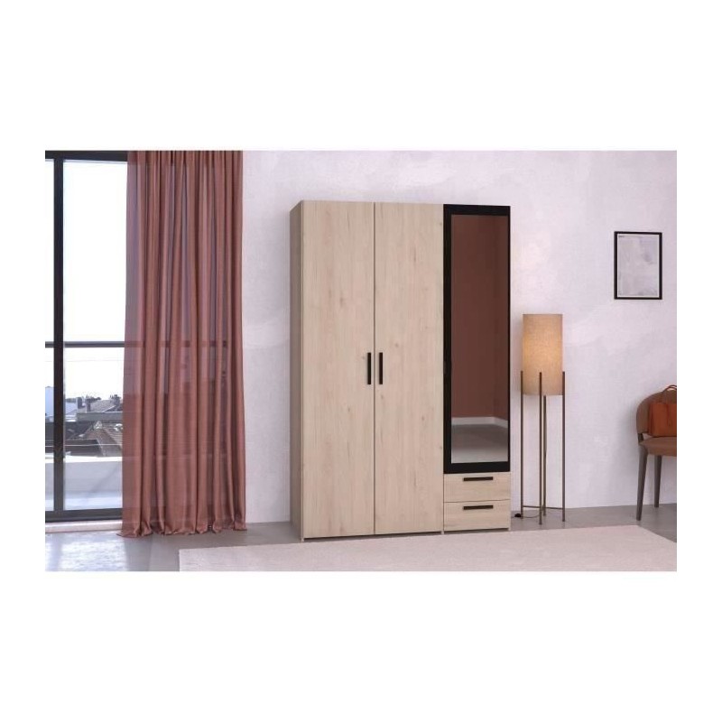 Armoire - Panneau de particules - Décor chene et noir - 3 portes droi