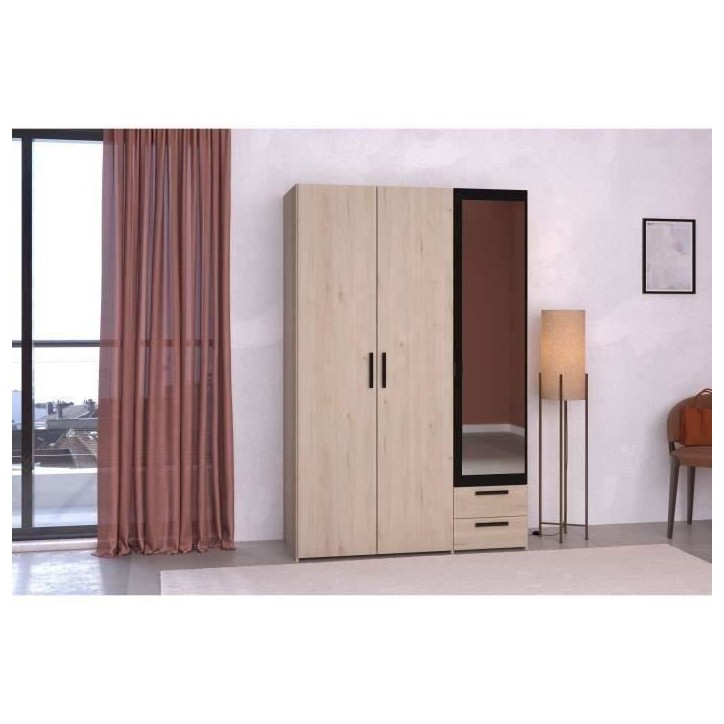 Armoire - Panneau de particules - Décor chene et noir - 3 portes droites - Essentiel - Chambre - 120.3x185x51.7 cm Armoire - Panneau de particules - Décor chene et noir - 3 portes droites - Essentiel - Chambre - 120.3x185x51.7 cm
