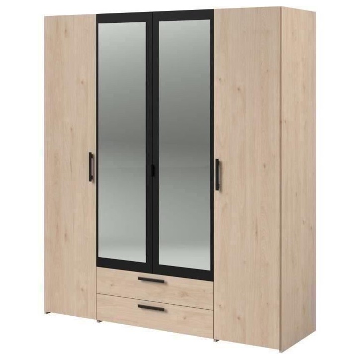 Armoire VARIA - 4 portes battantes + 2 miroirs + 2 tiroirs - Décor chene et noir - L160 x H 185 x P 51.7 cm Armoire VARIA - 4 portes battantes + 2 miroirs + 2 tiroirs - Décor chene et noir - L160 x H 185 x P 51.7 cm