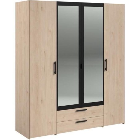 Armoire VARIA - 4 portes battantes + 2 miroirs + 2 tiroirs - Décor chene et noir - L160 x H 185 x P 51.7 cm