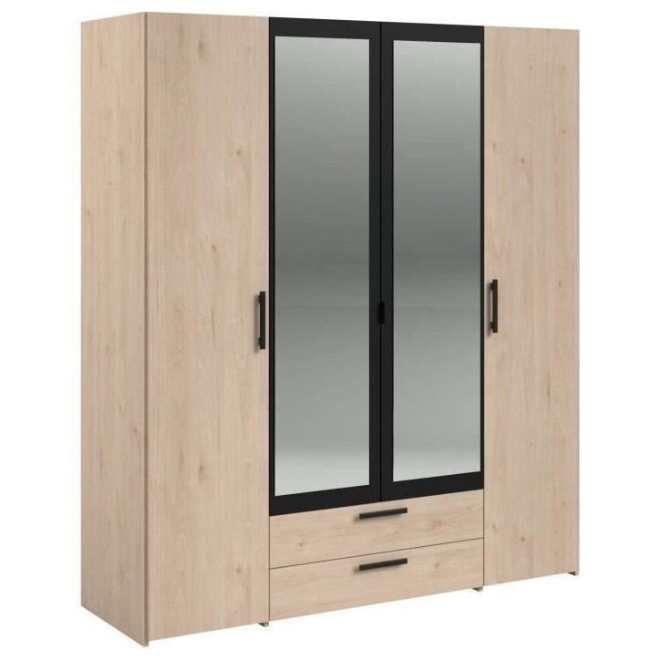 Armoire VARIA - 4 portes battantes + 2 miroirs + 2 tiroirs - Décor chene et noir - L160 x H 185 x P 51.7 cm Armoire VARIA - 4 portes battantes + 2 miroirs + 2 tiroirs - Décor chene et noir - L160 x H 185 x P 51.7 cm