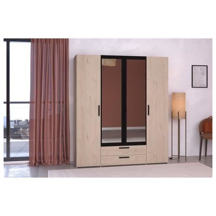 Armoire VARIA - 4 portes battantes + 2 miroirs + 2 tiroirs - Décor chene et noir - L160 x H 185 x P 51.7 cm Armoire VARIA - 4 portes battantes + 2 miroirs + 2 tiroirs - Décor chene et noir - L160 x H 185 x P 51.7 cm