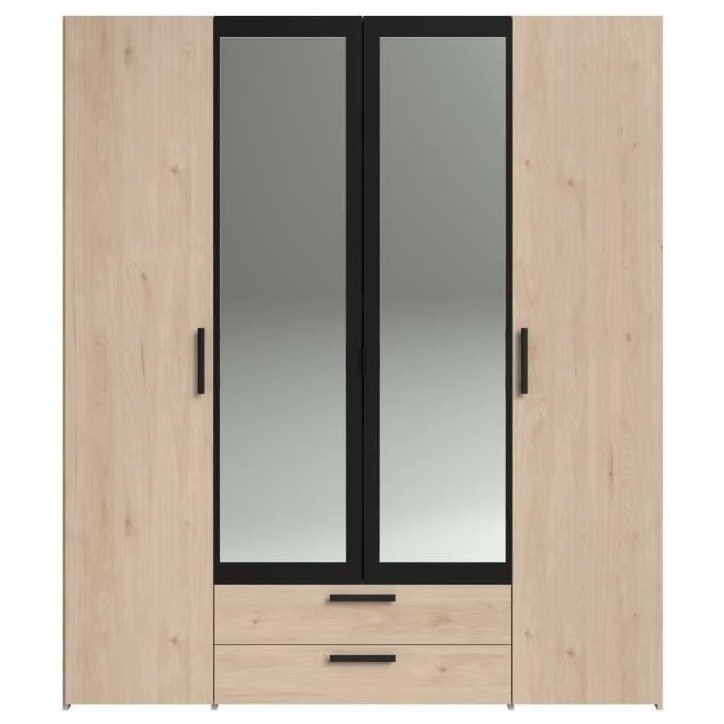 Armoire VARIA - 4 portes battantes + 2 miroirs + 2 tiroirs - Décor chene et noir - L160 x H 185 x P 51.7 cm Armoire VARIA - 4 portes battantes + 2 miroirs + 2 tiroirs - Décor chene et noir - L160 x H 185 x P 51.7 cm