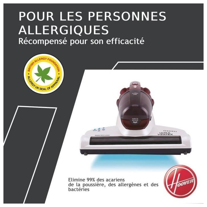 Aspirateur Matelas et Textiles Ultra Vortex - HOOVER MBC500UV - 500 W - 0,3 L - Animaux Allergies - Lampe UV-C antibactérien