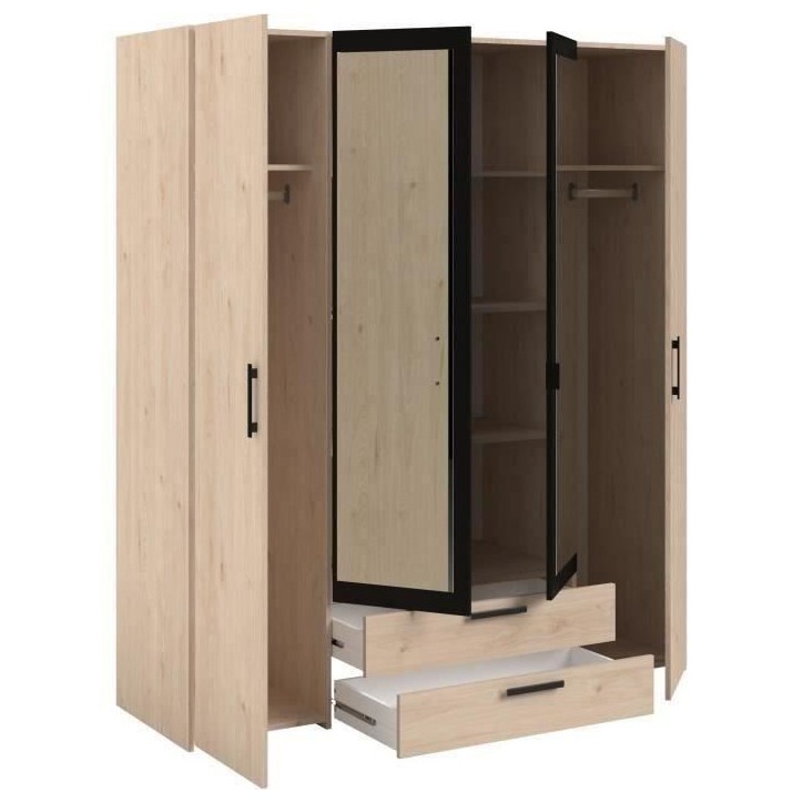 Armoire VARIA - 4 portes battantes + 2 miroirs + 2 tiroirs - Décor chene et noir - L160 x H 185 x P 51.7 cm Armoire VARIA - 4 portes battantes + 2 miroirs + 2 tiroirs - Décor chene et noir - L160 x H 185 x P 51.7 cm