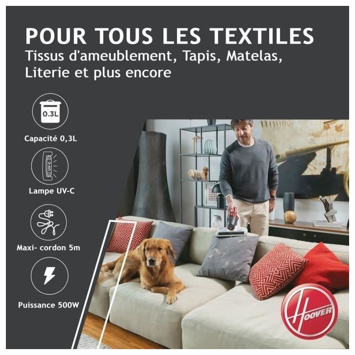 Aspirateur Matelas et Textiles Ultra Vortex - HOOVER MBC500UV - 500 W - 0,3 L - Animaux Allergies - Lampe UV-C antibactérien