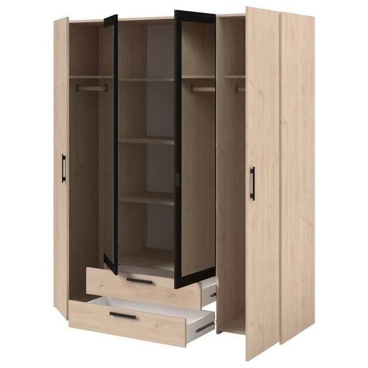 Armoire VARIA - 4 portes battantes + 2 miroirs + 2 tiroirs - Décor chene et noir - L160 x H 185 x P 51.7 cm Armoire VARIA - 4 portes battantes + 2 miroirs + 2 tiroirs - Décor chene et noir - L160 x H 185 x P 51.7 cm