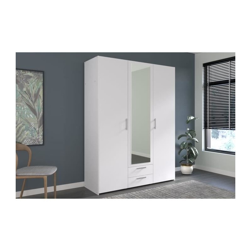 Armoire VARIA - Décor blanc - 3 portes + 2 tiroirs + miroir - L 150 x Armoire VARIA - Décor blanc - 3 portes + 2 tiroirs + miroir - L 150 x