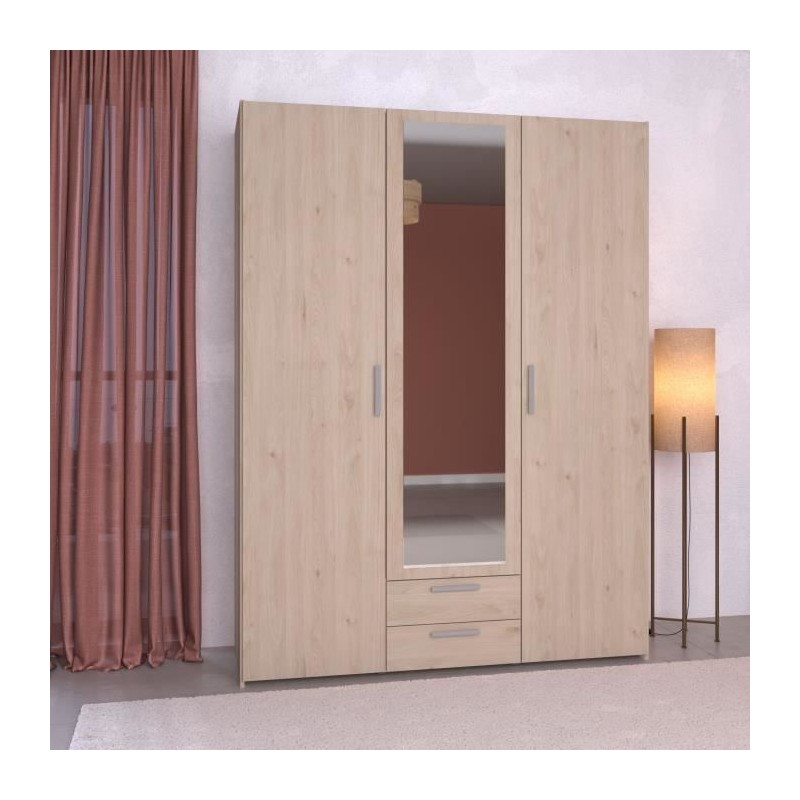 Armoire VARIA - Décor chene - 3 portes + 2 tiroirs + miroir - L 150 x Armoire VARIA - Décor chene - 3 portes + 2 tiroirs + miroir - L 150 x