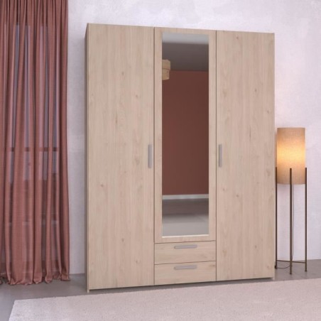 Armoire VARIA - Décor chene - 3 portes + 2 tiroirs + miroir - L 150 x
