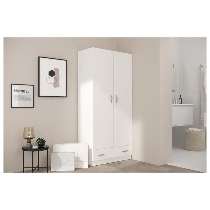 PARISOT Armoire 2 portes battantes + 1 tiroir - Panneaux de particules - Décor Blanc - L 78 cm x P 38 cm x H 170 cm - VARIA