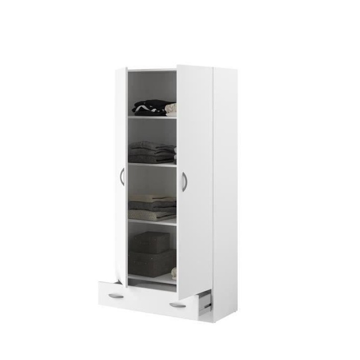 PARISOT Armoire 2 portes battantes + 1 tiroir - Panneaux de particules - Décor Blanc - L 78 cm x P 38 cm x H 170 cm - VARIA