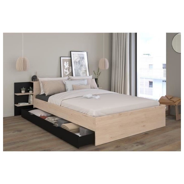 HORN Lit adulte 140 x 190 / 200 cm - Avec tiroir de rangement - Décor chene et noir – PARISOT