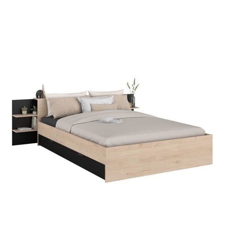 HORN Lit adulte 140 x 190 / 200 cm - Avec tiroir de rangement - Décor chene et noir – PARISOT
