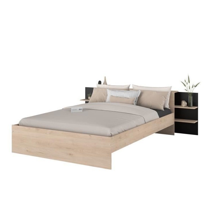 HORN Lit adulte 140 x 190 / 200 cm - Avec tiroir de rangement - Décor chene et noir – PARISOT