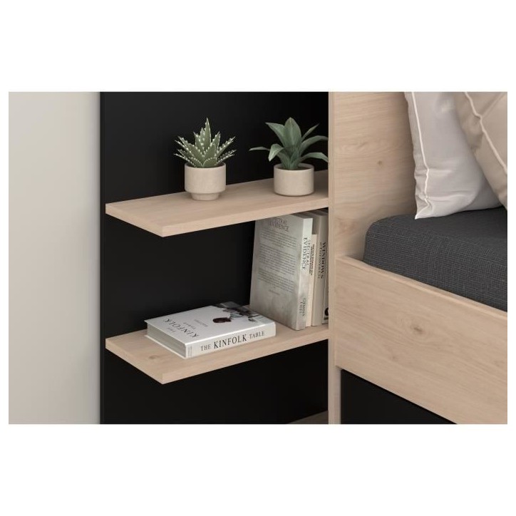HORN Lit adulte 140 x 190 / 200 cm - Avec tiroir de rangement - Décor chene et noir – PARISOT