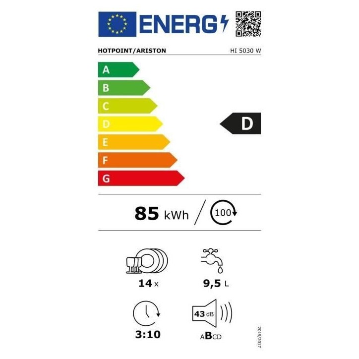 Lave-vaisselle tout encastrable HOTPOINT HI5030W - 14 couverts - Induction - 43dB Lave-vaisselle tout encastrable HOTPOINT HI5030W - 14 couverts - Induction - 43dB