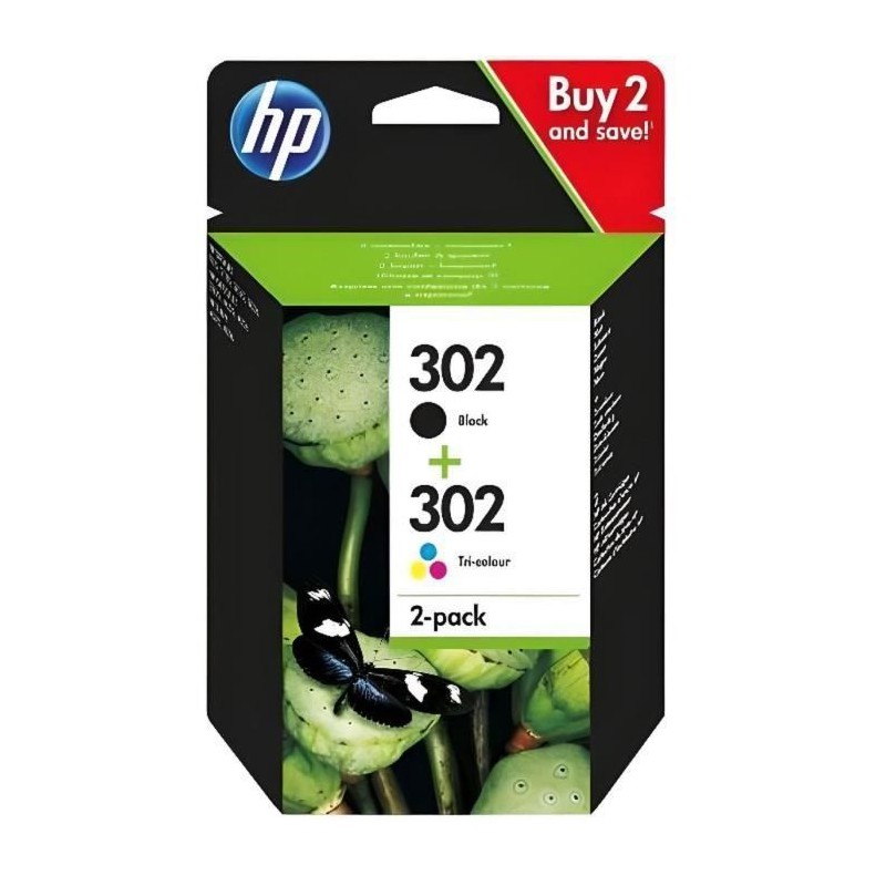 HP 302 Pack de 2 cartouches d'encre noire et trois couleurs authentiqu HP 302 Pack de 2 cartouches d'encre noire et trois couleurs authentiqu