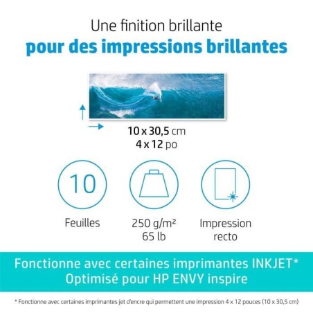 Papier photo glacé HP Avancée - 250 g/m2 - 4 x 12 pouces - 10 feuilles