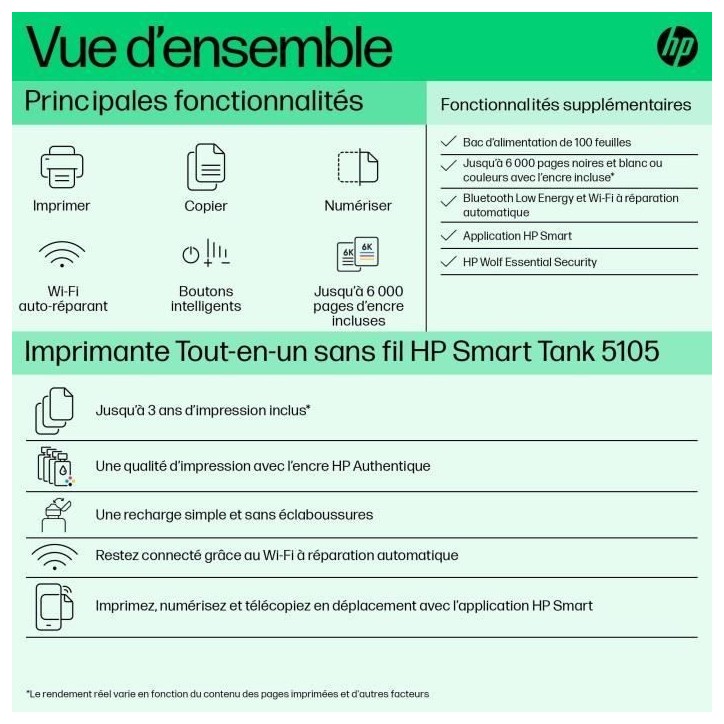 Imprimante tout-en-un HP Smart Tank 5105 couleur a réservoir d'encre Imprimante tout-en-un HP Smart Tank 5105 couleur a réservoir d'encre