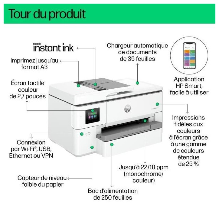 Imprimante HP OfficeJet Pro 9720e A3 Tout-en-un recto-verso, 3 mois Instant Ink inclus avec HP+ Imprimante HP OfficeJet Pro 9720e A3 Tout-en-un recto-verso, 3 mois Instant Ink inclus avec HP+