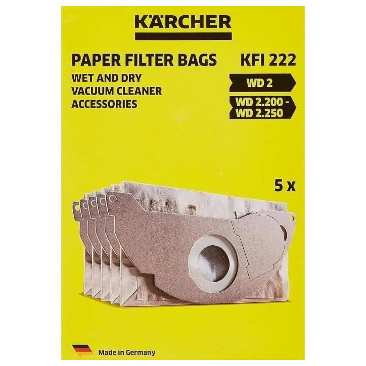 Sachet filtre papier a deux épaisseurs pour KARCHER WD2200 / A2003 / 2004 / 2054Me - paquet de 5 pieces Sachet filtre papier a deux épaisseurs pour KARCHER WD2200 / A2003 / 2004 / 2054Me - paquet de 5 pieces
