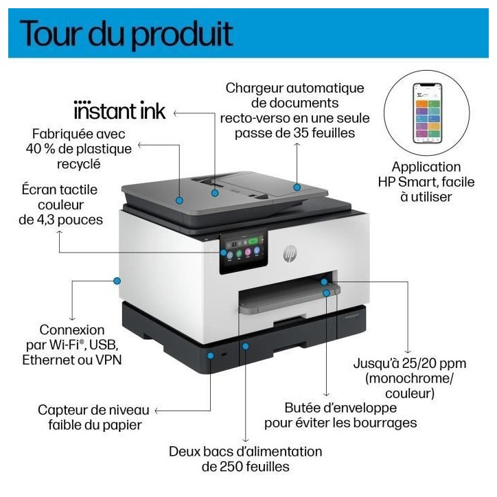 Imprimante HP OfficeJet Pro 9135e Tout-en-un Couleur Recto Verso, 6 mois Instant Ink inclus avec HP+ Imprimante HP OfficeJet Pro 9135e Tout-en-un Couleur Recto Verso, 6 mois Instant Ink inclus avec HP+