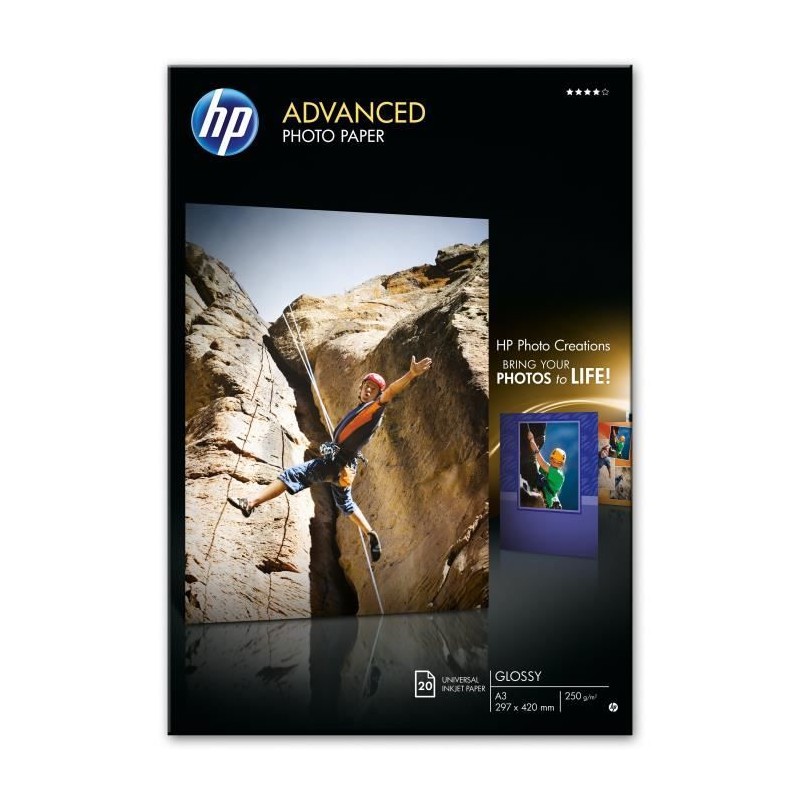 Papier Photo Brillant HP - 20 feuilles A3 - Compatible avec HP Photosm