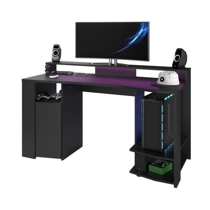 Bureau gaming LED droit - Noir - L 152 x P 61,5 x H 86,7 cm - Grande zone de jeu - GAMING Bureau gaming LED droit - Noir - L 152 x P 61,5 x H 86,7 cm - Grande zone de jeu - GAMING