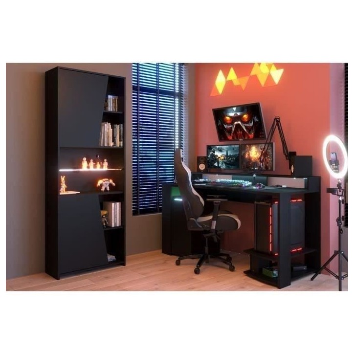 Bureau gaming LED droit - Noir - L 152 x P 61,5 x H 86,7 cm - Grande zone de jeu - GAMING Bureau gaming LED droit - Noir - L 152 x P 61,5 x H 86,7 cm - Grande zone de jeu - GAMING