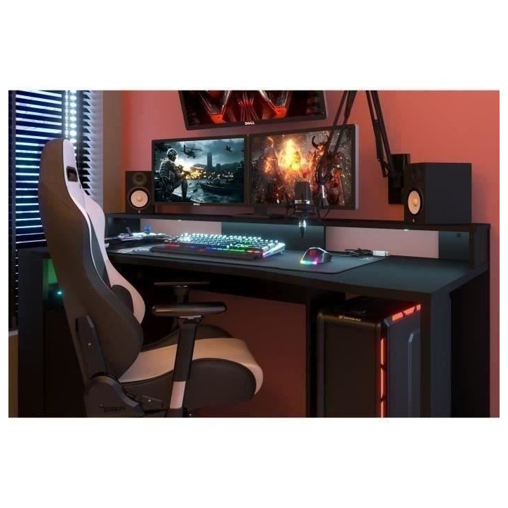 Bureau gaming LED droit - Noir - L 152 x P 61,5 x H 86,7 cm - Grande zone de jeu - GAMING Bureau gaming LED droit - Noir - L 152 x P 61,5 x H 86,7 cm - Grande zone de jeu - GAMING