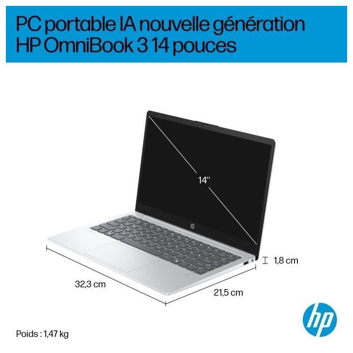 PC Portable HP Omnibook 3 14-ha0015nf - Windows 11 - 14 FHD IPS - Ryzen AI 5 340 - RAM 16Go - Stockage 512Go SSD - AZERTY