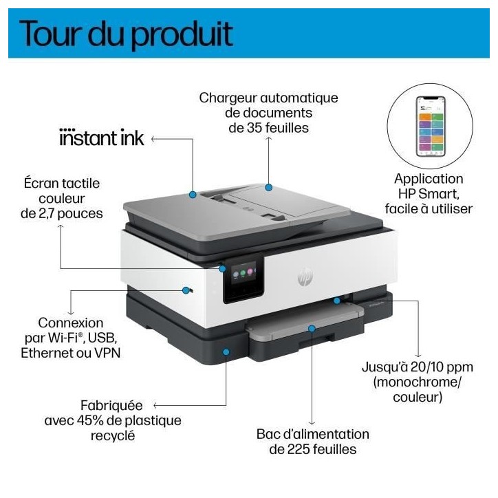 HP OfficeJet Pro 8124e - Imprimante tout-en-un – Jet d'encre couleur avec 3 mois d'Instant Ink inclus avec HP+ HP OfficeJet Pro 8124e - Imprimante tout-en-un – Jet d'encre couleur avec 3 mois d'Instant Ink inclus avec HP+