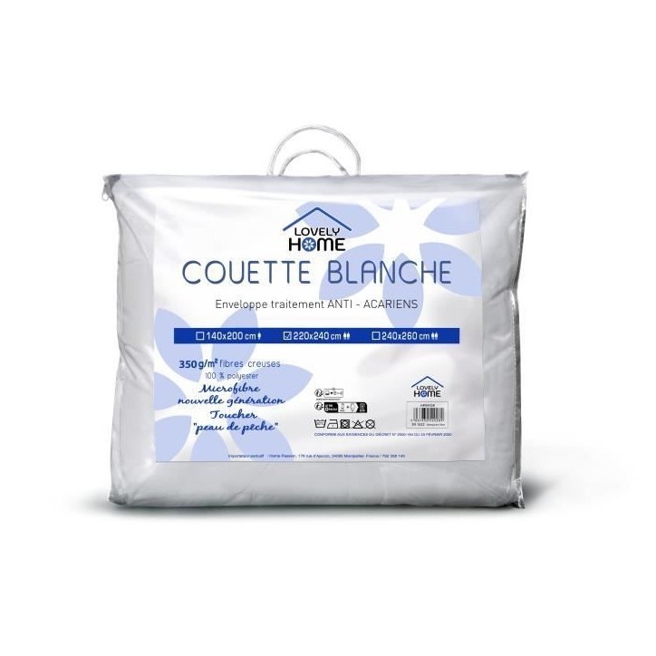 Couette tempérée 350gr/m² antiacariens LOVELY HOME - 220 x 240 cm - Blanc Couette tempérée 350gr/m² antiacariens LOVELY HOME - 220 x 240 cm - Blanc