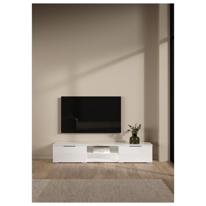 Meuble TV - MATCH - Blanc laqué brillant - 2 tiroirs, une niche - 172,7 x 39,9 x 33,1 cm Meuble TV - MATCH - Blanc laqué brillant - 2 tiroirs, une niche - 172,7 x 39,9 x 33,1 cm