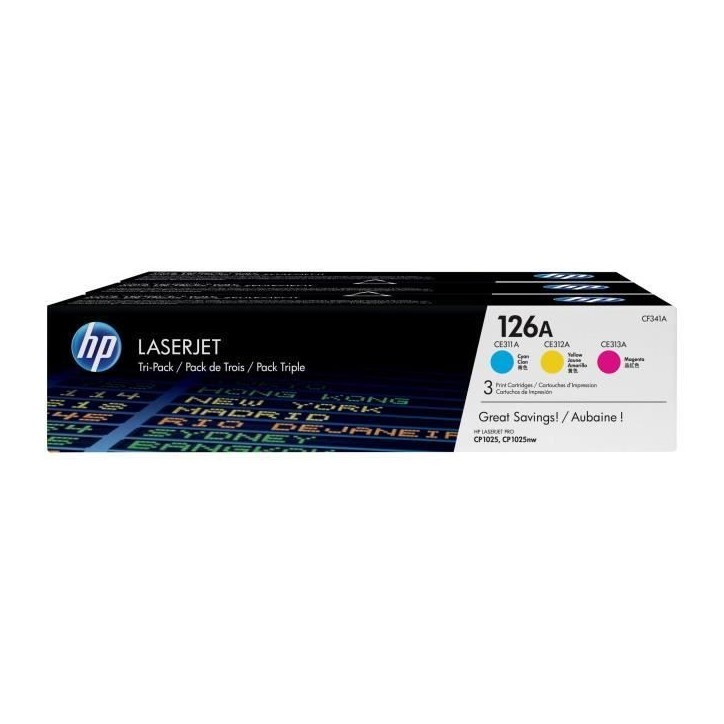 Pack de 3 cartouches de toner trois couleurs HP 126A (CF341A) authentiques pour HP LaserJet Pro CP1025 Pack de 3 cartouches de toner trois couleurs HP 126A (CF341A) authentiques pour HP LaserJet Pro CP1025