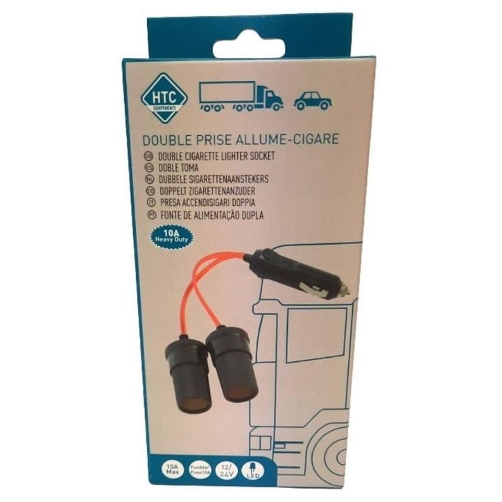 Double prise allume-cigare 12/24V - HTC EQUIPEMENT - Avec led 10A et Cable rouge 20cm Double prise allume-cigare 12/24V - HTC EQUIPEMENT - Avec led 10A et Cable rouge 20cm