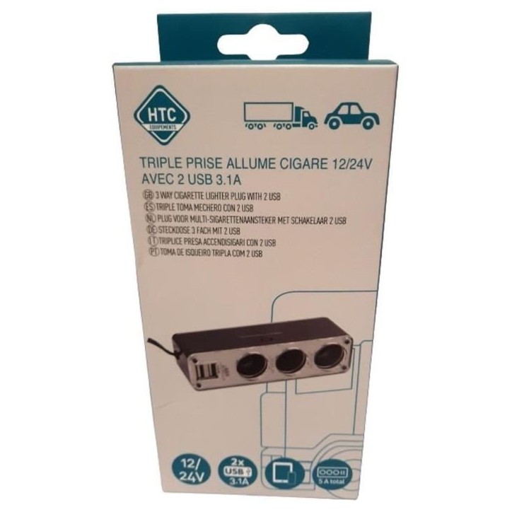 Triple prise allume-cigare 12/24V - HTC EQUIPEMENT - Avec deux USB 3.1A Total