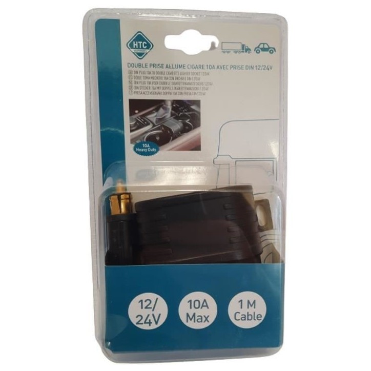 Double prise allume-cigare 12/24V - HTC EQUIPEMENT - Avec fusible 10A
