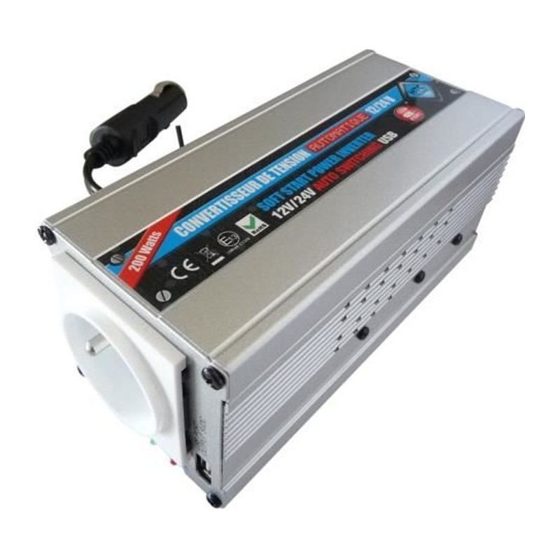 HTC Convertisseur 12 / 24 V Automatique 220 / 240 V 200 W USB 0,5 A HTC Convertisseur 12 / 24 V Automatique 220 / 240 V 200 W USB 0,5 A