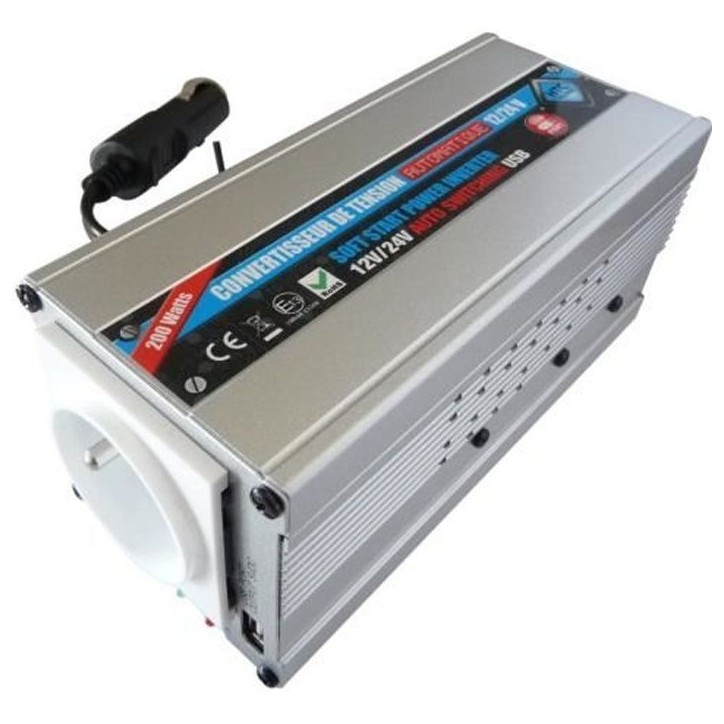 HTC Convertisseur 12 / 24 V Automatique 220 / 240 V 200 W USB 0,5 A HTC Convertisseur 12 / 24 V Automatique 220 / 240 V 200 W USB 0,5 A