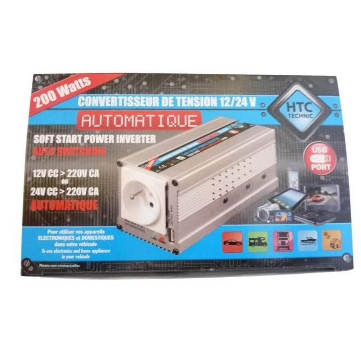 HTC Convertisseur 12 / 24 V Automatique 220 / 240 V 200 W USB 0,5 A HTC Convertisseur 12 / 24 V Automatique 220 / 240 V 200 W USB 0,5 A
