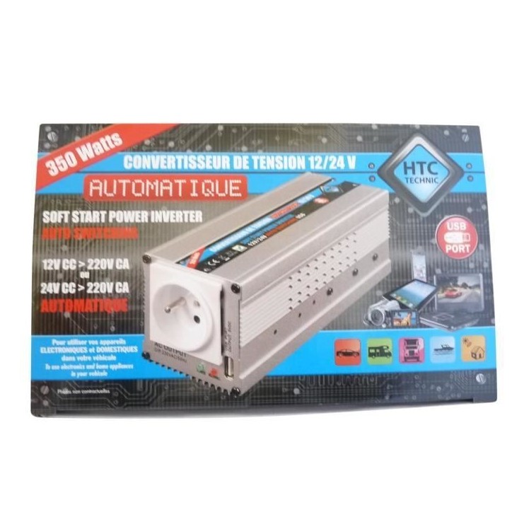 HTC Convertisseur 12 / 24 V Automatique 220 / 240 V 350 W USB 0,5 A HTC Convertisseur 12 / 24 V Automatique 220 / 240 V 350 W USB 0,5 A