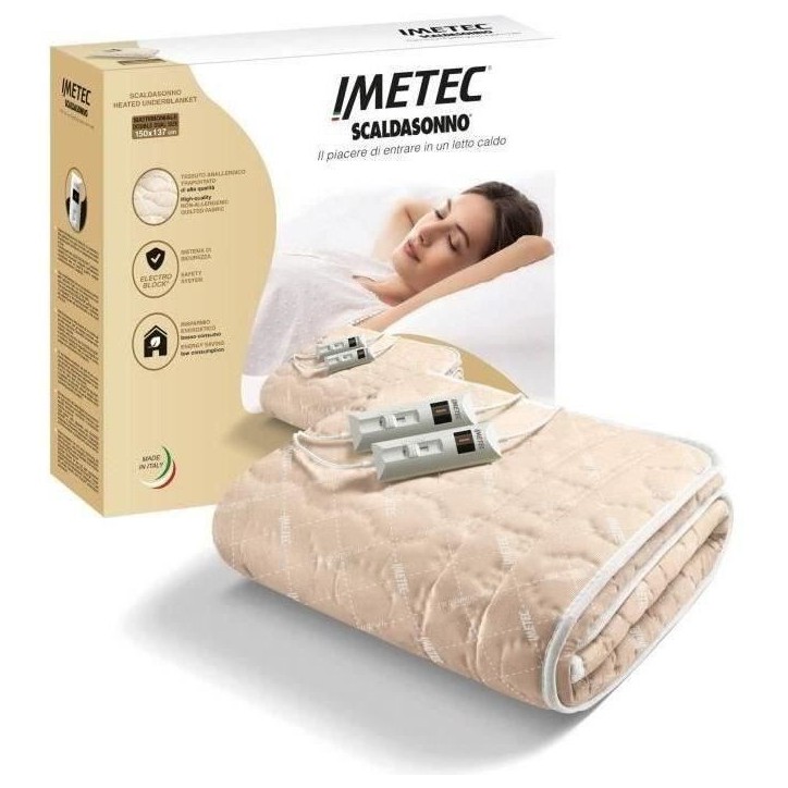 Surmatelas Chauffant - Imetec - Chauffe-lit Pour Lit Double 150 x 137 cm - 2 Commandes avec 2 Températures - Lavable