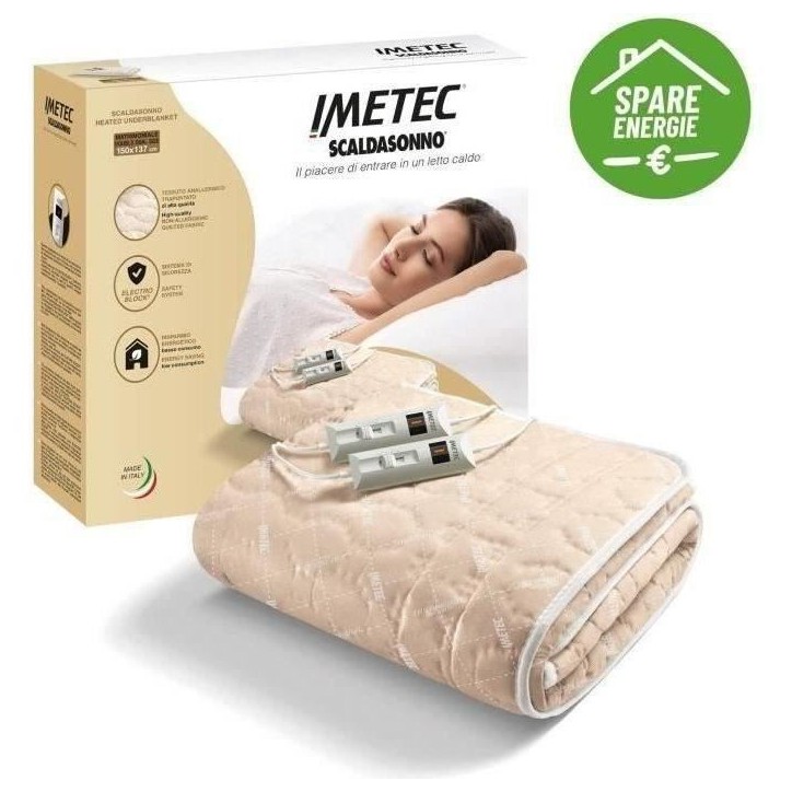 Surmatelas Chauffant - Imetec - Chauffe-lit Pour Lit Double 150 x 137 cm - 2 Commandes avec 2 Températures - Lavable