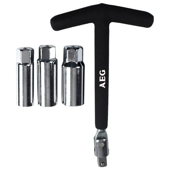 Clé a bougie articulée 3 douilles vehicule essence : 14/16/21mm - AEG - antiglisse - carré d'entraînement et douilles 3/8 Clé a bougie articulée 3 douilles vehicule essence : 14/16/21mm - AEG - antiglisse - carré d'entraînement et douilles 3/8