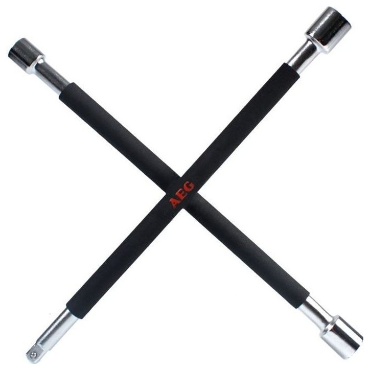 Clé en croix démonte-roue 3 douilles : 17/19/21mm et carré 1/2 - AEG - mousse antiglisse - Acier inoxydable HQ Clé en croix démonte-roue 3 douilles : 17/19/21mm et carré 1/2 - AEG - mousse antiglisse - Acier inoxydable HQ
