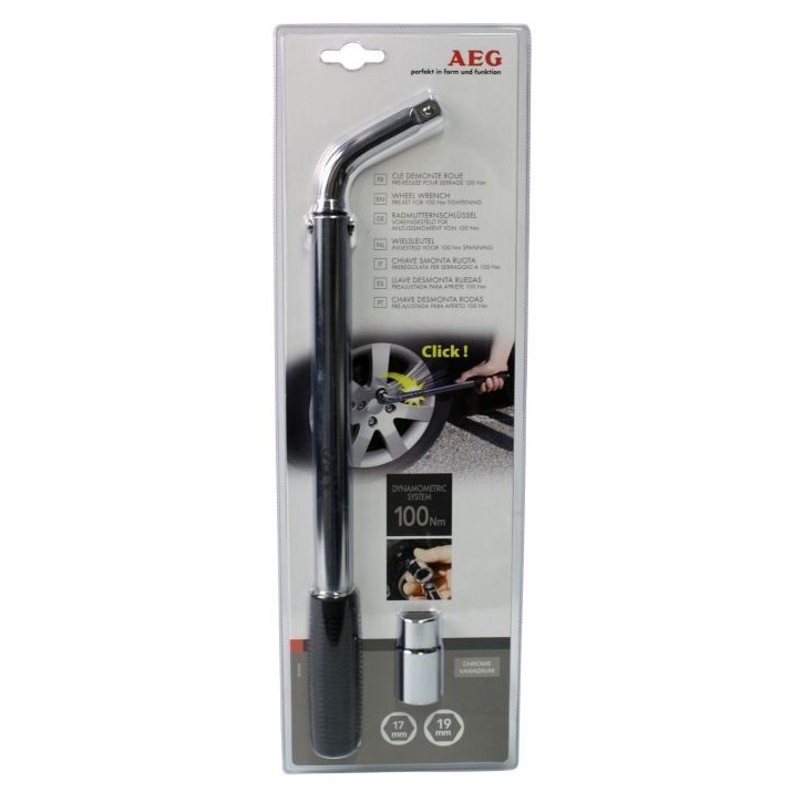 Clé démonte-roue dynamométrique préréglée a 100N/m - AEG - Douille réversible de 17 et 19mm - Acier au chrome-vanadium Clé démonte-roue dynamométrique préréglée a 100N/m - AEG - Douille réversible de 17 et 19mm - Acier au chrome-vanadium