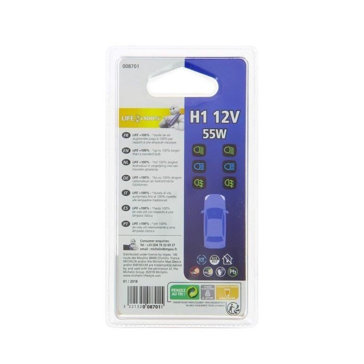 Ampoule H1 LIFE+100% 55W - MICHELIN -Feu de croisement, route, antibrouillard. Ampoule H1 LIFE+100% 55W - MICHELIN -Feu de croisement, route, antibrouillard.
